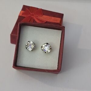 Vintage Silver Tone Earrings Big Clear Rhinetones Studs